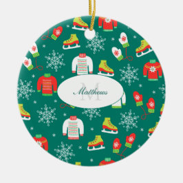 Ornamento De Cerâmica Skates de gelo Snowflakes Monograma de Teto