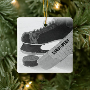 Ornamento De Cerâmica Skates Negros de Hockey Personalizados