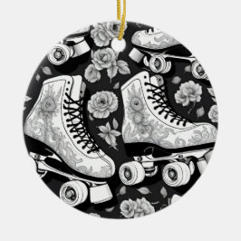Ornamento De Cerâmica Skates, rosas, preto e branco de rolo clássico
