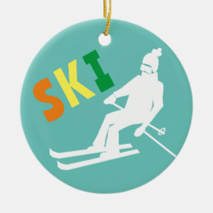 Ornamento De Cerâmica Ski Retro Skier Winter Teal White