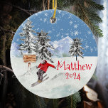Ornamento De Cerâmica Skiyer Skier Snow Personalizada Watercolor<br><div class="desc">Este design pode ser personalizado na área fornecida pela alteração da foto e/ou do texto. Ou pode ser personalizado clicando em Personalizar este Modelo e, em seguida, escolhendo o clique para personalizar mais a opção e excluir ou alterar a cor do plano de fundo, adicionar texto, alterar a cor ou...</div>
