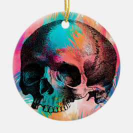 Ornamento De Cerâmica Skull Sketch Com Fundo Boho Colorido