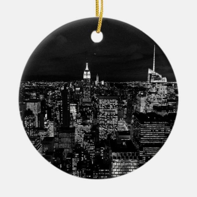 Ornamento De Cerâmica Skyline da Nova Iorque Night (Frente)