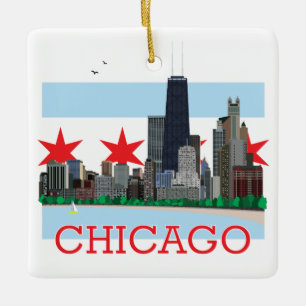 Ornamento De Cerâmica Skyline de Chicago e bandeira da cidade