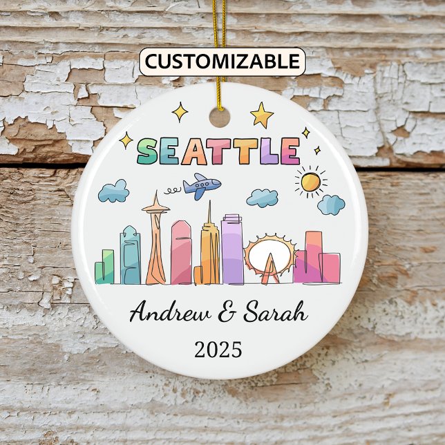 Ornamento De Cerâmica Skyline Seattle Ornament Personalizado, Washington (Criador carregado)