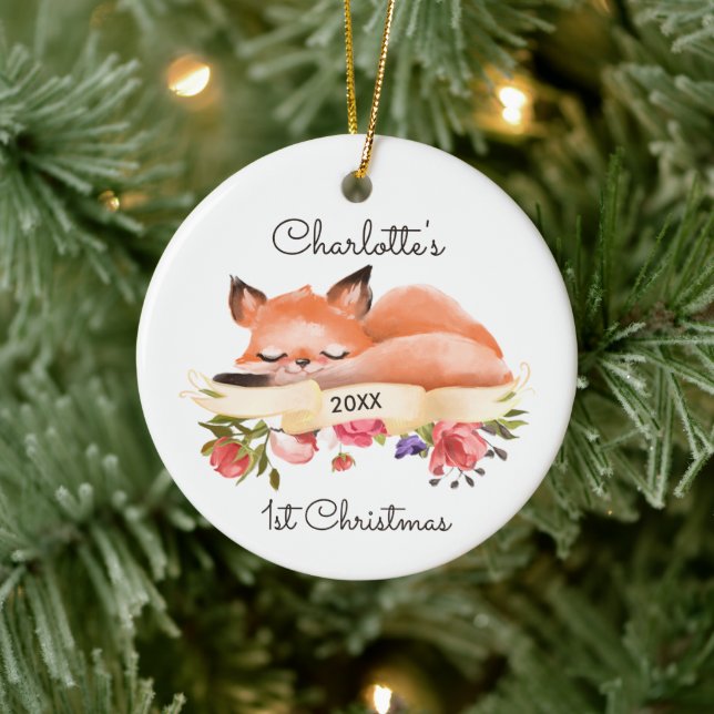 Ornamento De Cerâmica Sleeping Woodland Fox Personalised Baby's 1ruas Xm (Árvore)