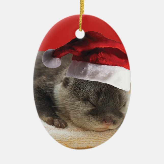 Ornamento De Cerâmica Sleepy Otter Santa Claus (Frente)
