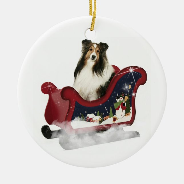 Ornamento De Cerâmica Sleigh Sheltie (Frente)