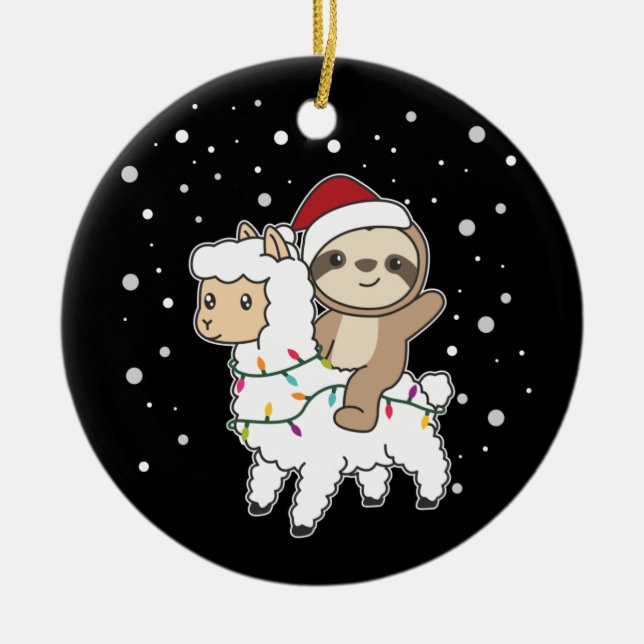 Ornamento De Cerâmica Sloth Lama Christmas Snow Winter Animal Cerâmica O (Frente)