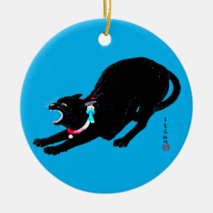 Ornamento De Cerâmica Snarling Hissing Black Japan Cat