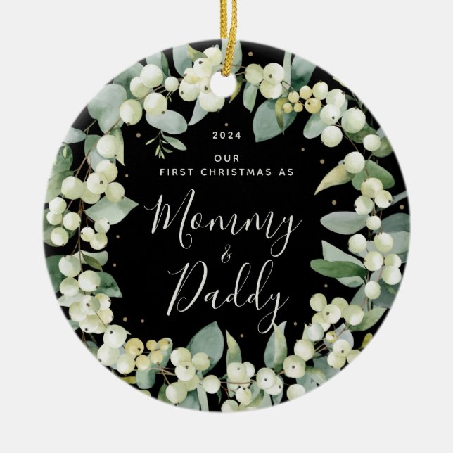 Ornamento De Cerâmica Snowberry Primeiro Natal como Foto dos Pais (Frente)