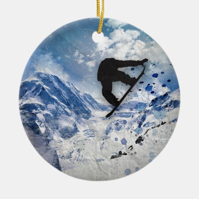 Ornamento De Cerâmica Snowboarder em vôo (Frente)