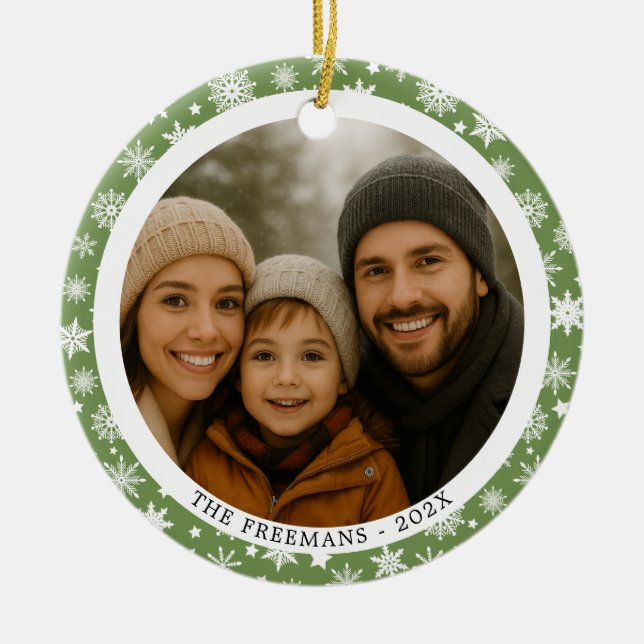 Ornamento De Cerâmica Snowflake Green Family Christmas Multi Photos (Frente)