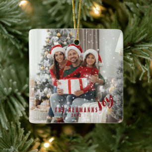 Ornamento De Cerâmica Snowflakes Joyful Holiday Family Photo Ceramic Or