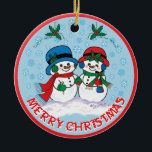 Ornamento De Cerâmica Snowman<br><div class="desc">Personalize este Enfeites de natal Adorável "Um Tipo" de Neve! Sr. & Sra. Frosty,  o boneco de neve está pegando um filme de Natal mágico através de uma "Terra das Neves do Inverno"! Design de Belas Artes Original pelo Artista Kerry Miller.</div>
