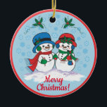 Ornamento De Cerâmica Snowman<br><div class="desc">Este é um Enfeites de natal único de "um tipo"! Sr. & Sra. Frosty,  o boneco de neve está pegando um filme de Natal mágico através de uma "Terra das Neves do Inverno"! Pintura de arte original do artista Kerry Miller.</div>