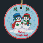 Ornamento De Cerâmica Snowman<br><div class="desc">Este é um Enfeites de natal único de "um tipo"! Sr. & Sra. Frosty,  o boneco de neve está pegando um filme de Natal mágico através de uma "Terra das Neves do Inverno"! Pintura de arte original do artista Kerry Miller.</div>