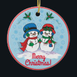 Ornamento De Cerâmica Snowman<br><div class="desc">Personalize este Enfeites de natal único de "um tipo"! Sr. & Sra. Frosty,  o boneco de neve está pegando um filme de Natal mágico através de uma "Terra das Neves do Inverno"! Design de Belas Artes Original pelo Artista Kerry Miller.</div>