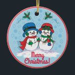 Ornamento De Cerâmica Snowman<br><div class="desc">Personalize este Enfeites de natal único de boneco de neve! Sr. & Sra. Frosty,  o boneco de neve está pegando um filme de Natal mágico através de uma "Terra das Neves do Inverno"! Design de Belas Artes Original pelo Artista Kerry Miller.</div>
