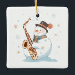 Ornamento De Cerâmica Snowman a jogar o saxofone<br><div class="desc">Um design com um boneco de neve tocando saxofone</div>