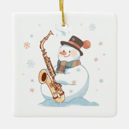 Ornamento De Cerâmica Snowman a jogar o saxofone