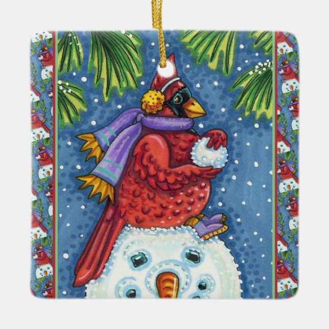 ORNAMENTO DE CERÂMICA SNOWMAN BODYGUARD, CHRISTMAS CARDINHEIRO REDBIRD (Frente)