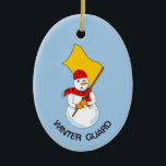 Ornamento De Cerâmica Snowman ColorGuard<br><div class="desc">Um boneco de neve segurando uma bandeira e vestindo um cachecol com bandeiras é um design guarda humorístico para guarda de cores e membros da guarda de inverno nos aniversários e feriados Texto pode ser mudado.</div>
