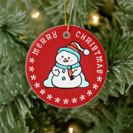Ornamento De Cerâmica Snowman Com Nome Personalizado | Vermelho Cinto