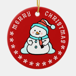 Ornamento De Cerâmica Snowman Com Nome Personalizado | Vermelho Cinto