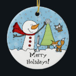 Ornamento De Cerâmica Snowman Decora Árvore com Criaturas de Woodland<br><div class="desc">Um bonitinho bonitinho em uma área de neve chega ao topo de um pinheiro pequeno para colocar um floco de neve em cima. Os animais de floresta constituídos por coruja, raposa e coelho olham nesta cena de inverno. Personalize esta design de Natal como quiser. Design original de Christie Black of...</div>
