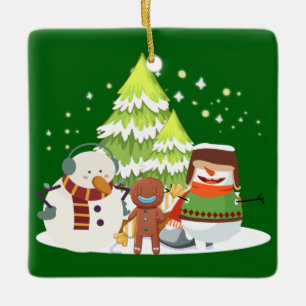 ORNAMENTO DE CERÂMICA SNOWMAN E GINGER FELIZ, AMIGOS FELIZES