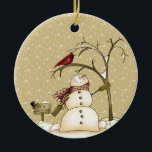 Ornamento De Cerâmica Snowman e Red Bird Christmas<br><div class="desc">"Da Nossa Casa à Sua" Enfeites de natal de Snowman - bonitinho bonitinho bonitinho bonitão com pássaro vermelho numa árvore vendendo passeios trenós. Personalize com suas próprias informações. Se precisar mover o texto ou alterar o tamanho,  a fonte ou o texto,  clique em Personalizar! com</div>