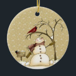 Ornamento De Cerâmica Snowman e Red Bird Christmas<br><div class="desc">"Da Nossa Casa à Sua" Enfeites de natal de Snowman - bonitinho bonitinho bonitinho bonitão com pássaro vermelho numa árvore vendendo passeios trenós. Personalize com suas próprias informações. Se precisar mover o texto ou alterar o tamanho,  a fonte ou o texto,  clique em Personalizar! com</div>