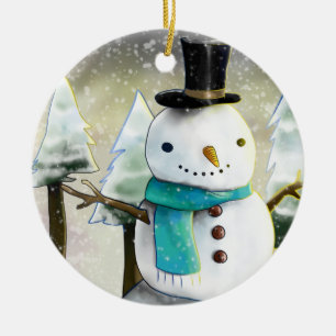 Ornamento De Cerâmica Snowman em cena de inverno