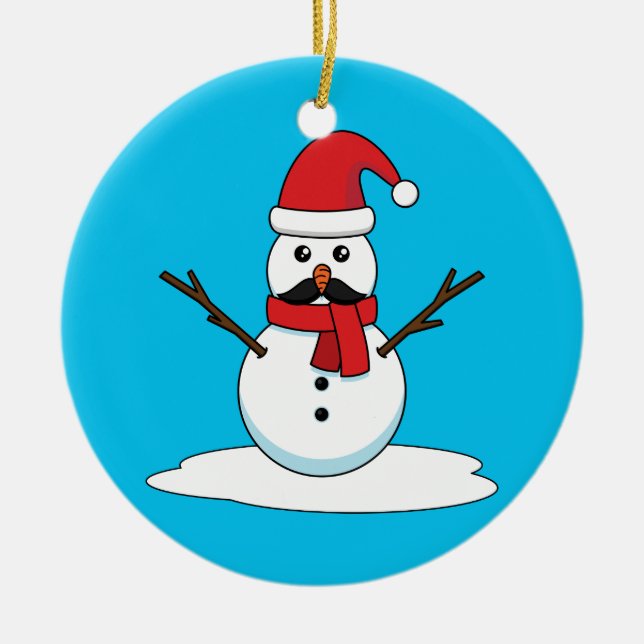 Ornamento De Cerâmica Snowman engraçado com bigode e papagaio (Frente)