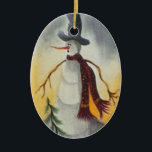Ornamento De Cerâmica Snowman - Folk Art Primitivo<br><div class="desc">Arte original em acrílico no papel de Deborah Miller. Bonito boneco de neve em arte popular primitiva e ele veste um chapéu e cachecol</div>