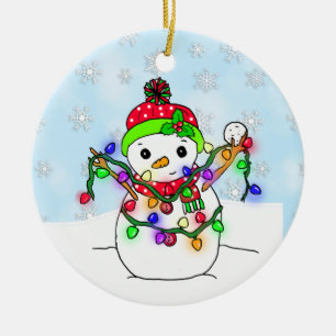 Ornamento De Cerâmica Snowman personalizado com luzes de Natal