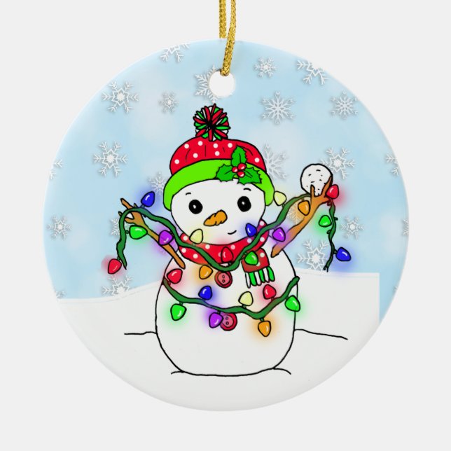 Ornamento De Cerâmica Snowman Personalizado com Luzes de Natal (Frente)