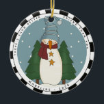 Ornamento De Cerâmica Snowman Personalizado por País Whimsical<br><div class="desc">Whimsical Country Snowman Personalizado Friend Cerâmica Ornament - faz o presente perfeito para o(s) seu(s) amigo(s). Um boneco de neve primitivo do país está vestido com seu melhor chapéu azul listrado e cachecol burgundy com estrelas amarelas da mostarda e está entre dois pinheiros em um fundo azul de neve. O...</div>