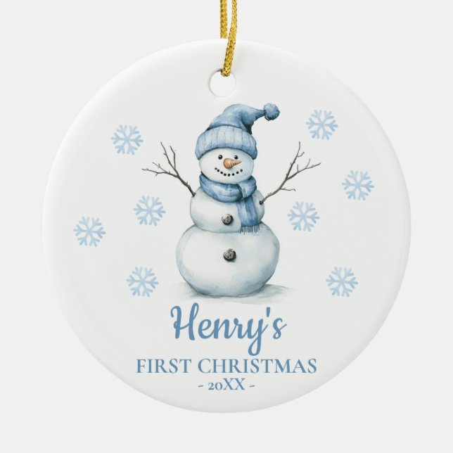 Ornamento De Cerâmica Snowman Personalized Baby's First Christmas (Frente)