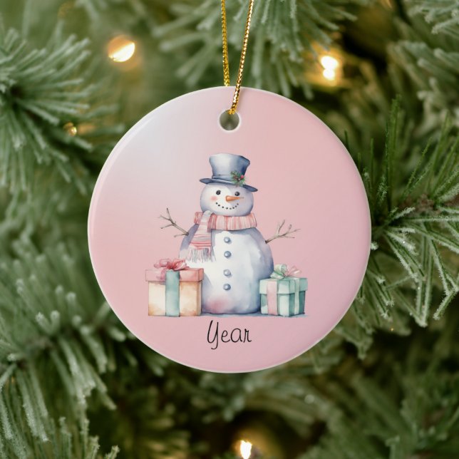 Ornamento De Cerâmica Snowman Rosa com Pacotes (Árvore)