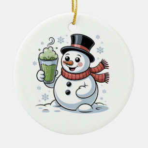 Ornamento De Cerâmica Snowman Segurando Matcha Beba Natal