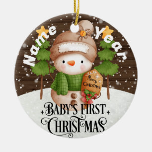 Ornamento De Cerâmica Snowman & Sign Baby's First Christmas Holiday