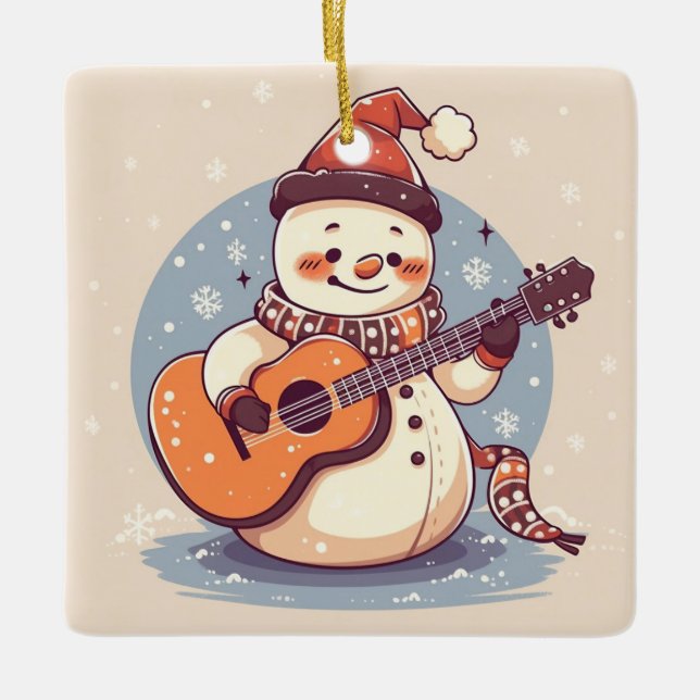 Ornamento De Cerâmica Snowman tocando violão (Frente)