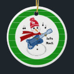 Ornamento De Cerâmica Snowman Tocando Violão Elétrico<br><div class="desc">Um boneco de neve legal tocando canções de Natal em seu violão de rock elétrico. "Rock De Vamos" Um fundo verde e branco listrado.</div>