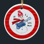 Ornamento De Cerâmica Snowman Tocando Violão Elétrico<br><div class="desc">Um boneco de neve legal tocando canções de Natal em seu violão de rock elétrico. Diz 'Rock De Vamos' Um fundo vermelho e branco listrado.</div>
