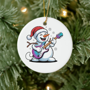 Ornamento De Cerâmica Snowman Tocando Violão Elétrico no Natal