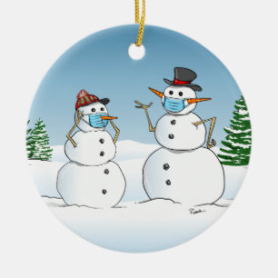 Ornamento De Cerâmica Snowmen engraçado Vestindo máscaras de rosto 202