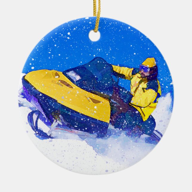 Ornamento De Cerâmica Snowmobile amarelo no blizzard (Frente)
