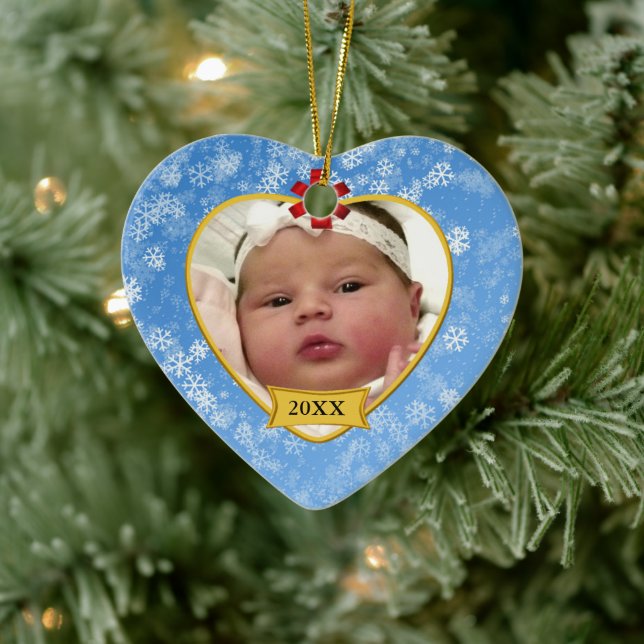 Ornamento De Cerâmica Snowy Blue Baby 2 Sided Photo Keepsasaoky (Árvore)